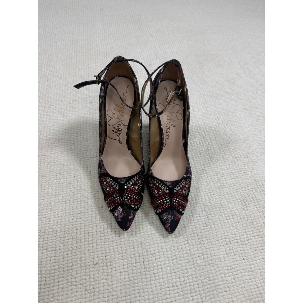 Libby Edelman Butterfly Print Rhinestone Embellished Pointed Toe Pumps Black 9